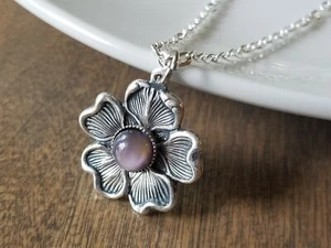 Silber Blumenschmuck, Lila Stein Halskette Tansanit Glas Feueropal Hartriegel - Bild 1 von 7