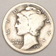 1916 Mercury Winged Head Dime 10 Cents Silver Coin F+