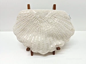 Vintage White Beaded Shell-Shaped Evening Clutch Bag Women's Elegant Zipper - Picture 1 of 7