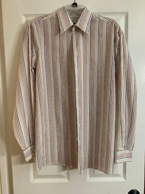 Kenneth Cole Reaction 男式中号纽扣衬衫白色多条纹二手状况完好 — 第 1/4 张图片