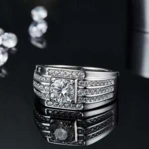Round Brilliant Men's 1Ct Moissanite Ring Real 925 Sterling Silver D Color VVS - Picture 1 of 7