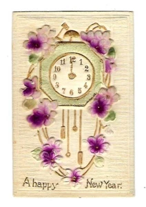 1908 Serie de Año Nuevo Postal Reloj Nuevo con Flores Pesadas en Grabado y Aerografiado - Imagen 1 de 2
