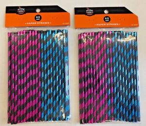 80 striped paper straws party favors black with blue purple foil Vampirina