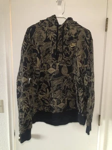 Nike Hoodie Mens Club Pullover Black Gold AOP Print Y2K Large Roman Swoosh - Picture 1 of 5