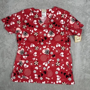 Cottonality Scrub Top Womens Size Small Hearts And Flowers Red New - Picture 1 of 7