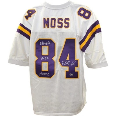 Camiseta deportiva blanca firmada por Randy Moss de los Minnesota Vikings M&N talla 52 00 Insc Beckett 50866 Foto 1 de 4
