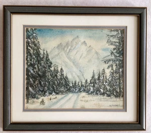 Signiertes Aquarell Landschaftsgemälde, Berge & Bäume, 12,5 x14,5" gerahmt SZ - Bild 1 von 3