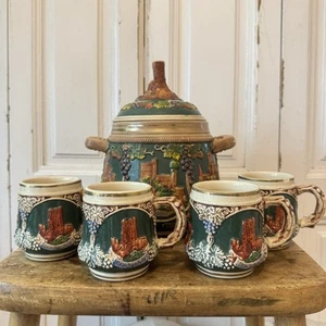 Sopera alemana de gres vintage con tapa y tazas castillos - Imagen 1 de 14