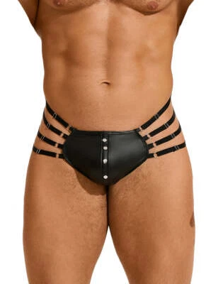 Herren Wetlook String Tanga Schwarz Harness Lack Leder Offen Bänder Nieten M/L - Bild 1 von 4