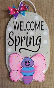 WELCOME SPRING Butterfly Sign Wood Plaque Taupe Hand Crafted Door Wall - Picture 1 of 1