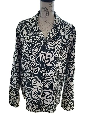Laura Ashley 女式 XL 夹克黑色白色花卉牛仔夹克外套纽扣前襟 — 第 1/4 张图片