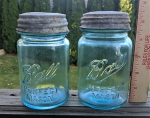 2 ct Ball Perfect Mason Canning Jar Blue Aqua #5 & #6 Pint Size 1910-30's - Picture 1 of 6