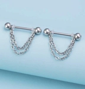 2 Nipple Bars With Chains - Body Jewellery Piercing Surgical Steel - Picture 1 of 2