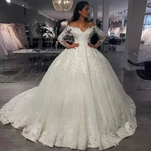 Dubai Wedding Dresses Lace Sparkly Ball Gown Long Sleeves Off The Shoulder White - Picture 1 of 7