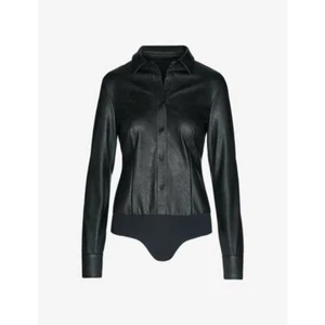 Commando Women's Black Lightweight Faux Leather Button Down Bodysuit Size L NWT - Picture 1 of 11