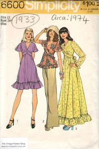 1974 Vintage Nähen Muster B34 " Kleid & Top (1933) Von Simplicity 6600 - Bild 1 von 2