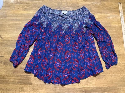 Camisa Vintage América Feminina Grande Azul Vermelho Roxo Branco Floral Fora do Ombro - Imagem 1 de 4