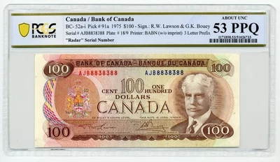 1975 $100 Canada, BC-52a-i, 2 Digit RADAR NOTE AJB 8838388 - About UNC 53 PPQ - Image 1 of 2
