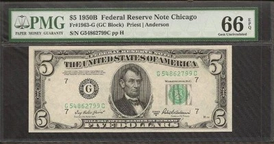 $5 1950B Federal Reserve Note Chicago Fr 1963-G (GC Block) PMG 66 EPQ - Image 1 of 2