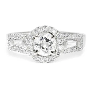 Round Diamond Halo Engagement Ring with Baguettes 14K White Gold 1.33ctw - Picture 1 of 12