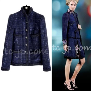 CHANEL 10PF Navy Black Cotton Silk Tweed Jacket Stand Collar 36 38 40 US4 6 8 - Picture 1 of 1