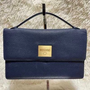 MOSCHINO Clutch Handbag Logo Leather Navy Women's USED FROM JAPAN - Picture 1 of 10