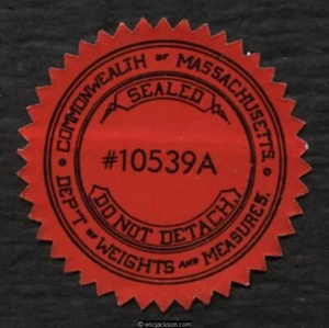 MA Weights & Measures Seal, black on red, self-adhesive, mint, VF - Picture 1 of 1