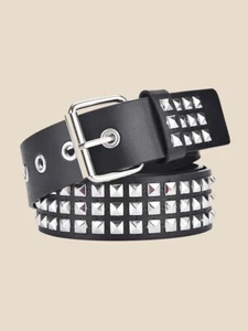 NEW Black Faux Studded Leather 3Row Pyramid Adjustable Silver Buckle Belt - Picture 1 of 4