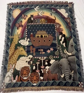 American Weavers Arche Noah Wandteppich Überwurf Decke Fransen Katze Hase Vogel USA - Bild 1 von 21