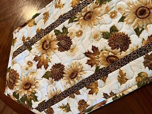 Handcrafted-Quilted Table Runner - Autumn Leaves, Sunflowers, New for 2022 Gold