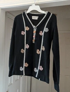 Vtg KENNY Classics Sweater Womens Size Small Knit Black Floral Striped Bobble - Picture 1 of 4