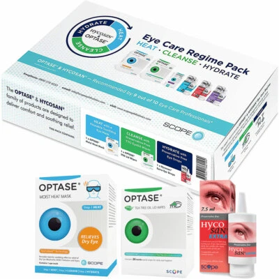 SCOPE Eye Care Regime Pack Hycosan Optase microwaveable mask, 20 wipes & eye drops