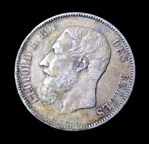 Belgium 1875 King Leopold II Lion Genuine 5 Francs Silver Coin Original Toning - Picture 1 of 2
