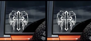 Two Cross with Wings 5" White Vinyl Decals Car Truck Window Laptop Notebook - Picture 1 of 2