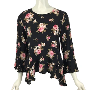 Flower Top Black Size 10 Pink Floral Flared Long Sleeve Layered Hi Lo Peplum - Picture 1 of 12