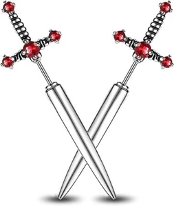 Gothic Sword Cool Punk Dagger Earrings Silver with Red Crystal - Picture 1 of 4