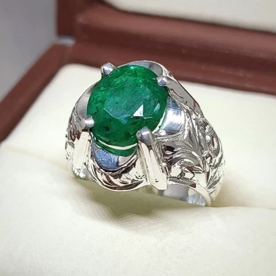 Mens Emerald Ring, Natural Beryl 925 Sterling Silver Ring, Zamurd Ring For Men - Image 1 of 4