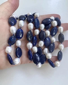 Vintage Pearl & Lapis Lazuli Beaded Bib Heavy Statement Rope Necklace 31.5" - Picture 1 of 6