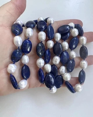 Vintage Pearl & Lapis Lazuli Beaded Bib Heavy Statement Rope Necklace 31.5" - Image 1 of 4