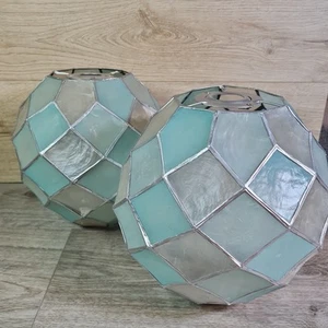 Pair of silver Capiz shell globe shaped lampshades with diamond pattern DAMAGED! - Picture 1 of 15