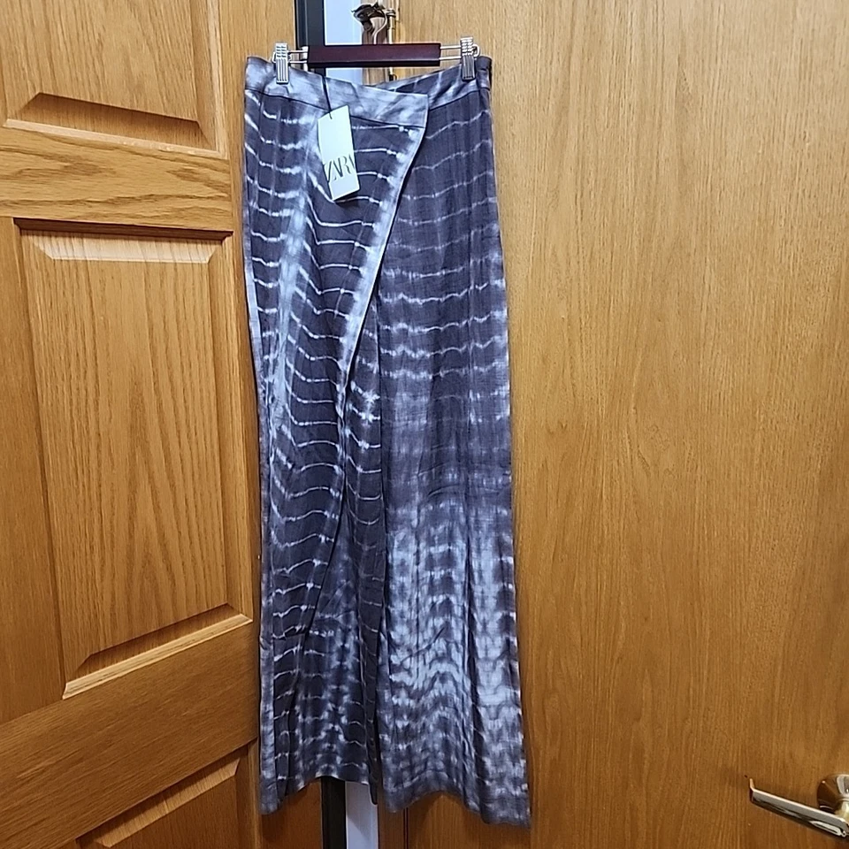 ZARA Flowy Wide Leg Wrap Pants Size XL Tie Dye Brown Hi Rise 3046/063