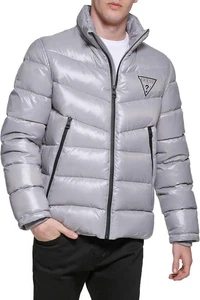 Guess Mens Jacket Coat XXL Quilted Puffer Insulated Mock Neck Zip Gray SilverNEW - Picture 1 of 10