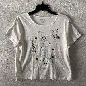 Blusa Top Bon Worth Mujer Blanca Floral Cuentas XSP Pequeña Mezcla de Algodón - Imagen 1 de 7