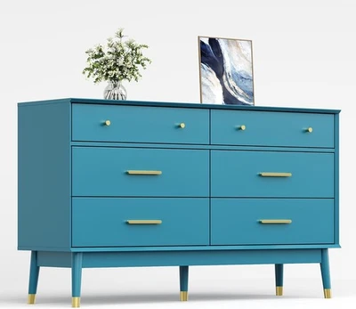 Cómoda de 6 cajones verde azulado 54" W - Cómoda de almacenamiento moderna, asas doradas, almacenamiento de ropa Foto 1 de 4