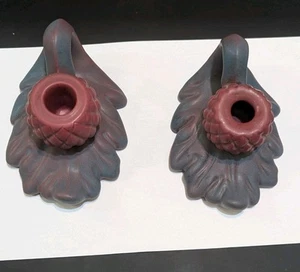 Vintage Van Briggle Pottery Candle Holder Acorn Leaf Matte Purple Set Of 2 - Picture 1 of 23