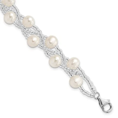 Sterling Silver 7-9mm Cultured Pearl and Glass Beaded Multi-strand Bracelet 7.5" - Image 1 of 3