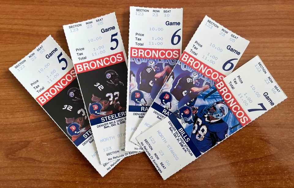 LOT of 5 - 1982 NFL DENVER BRONCOS FULL FOOTBALL TICKETS  Steelers Raiders Bills - Image 1 of 1