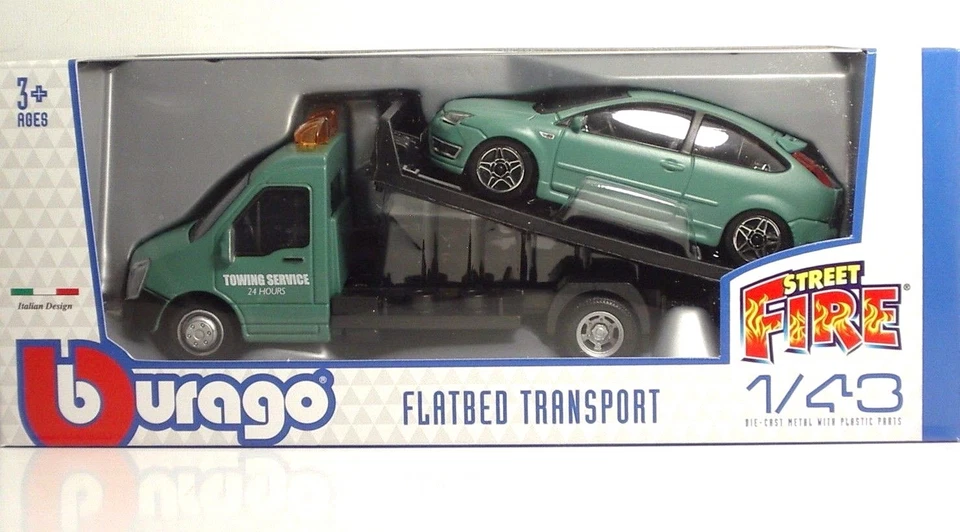 Bburago 31404 Car Hauler w/Ford Focus ST "Dull Green" - METAL 1:43 - Immagine 1 di 1