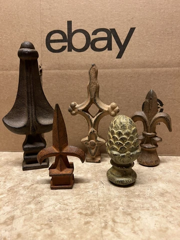 Five(5) Antique Cast Iron Fence Gate Topper Finials - Fleur De Lis - Assorted Cover