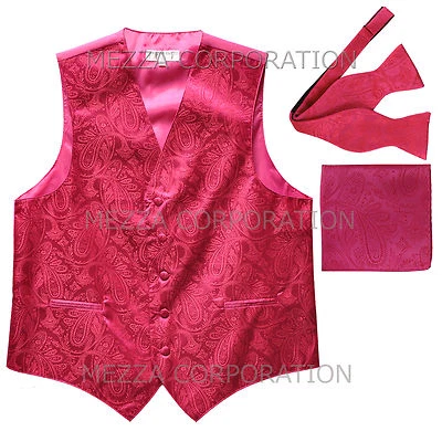 New Men's hot pink vest Tuxedo Waistcoat self tie bow tie and hankie set party - Image 1 of 4